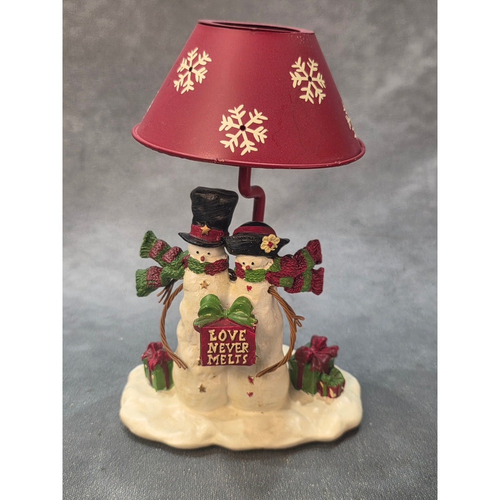 Snowman Couple Tea Light Candle Holder Love Never Melts Red Snowflake Shade 8.5"